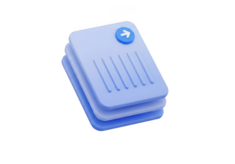 Stack of light blue documents with a blue arrow icon isolated on transparent background