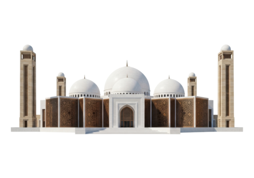 Isolated Islamic Architecture with Ornate Details, White Dome, and Towers on Display