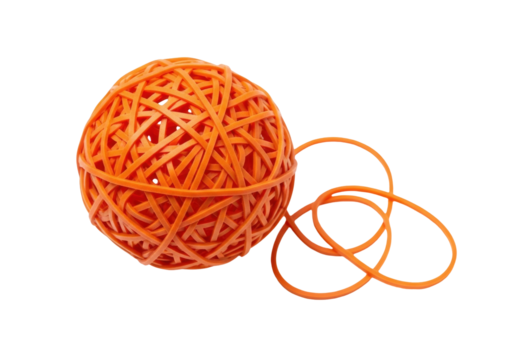 Isolated ball of orange rubber bands, multiple elastic loops, office or home supply