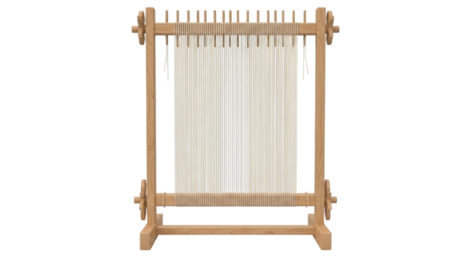 Isolated wooden weaving loom with cotton warp threads for handicraft art hobby setup