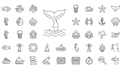 Clean outline icon set of whale tail, fish, starfish, shells, waves and marine life for ocean, travel and nature design.