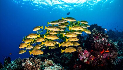 A vibrant school of bright yellow fish swims near a colorful coral reef in clear, deep blue ocean water