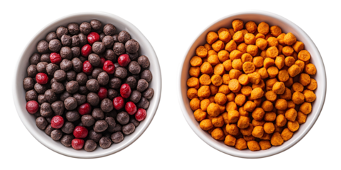 Food particles in bowls overhead view