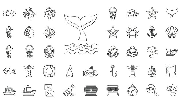 Clean outline icon set of whale tail, fish, starfish, shells, waves and marine life for ocean, travel and nature design.