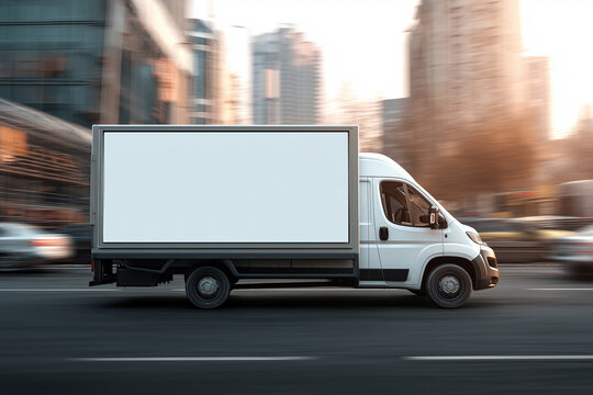 Realistic van-side mockup with soft bokeh and a clean customizable display area