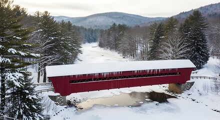Red covered bridge with snow and icicles spans a frozen winter river.