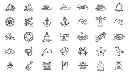 Clean marine outline icons for ocean life, travel, sailing, navigation, sea animals and coastal themed designs.
