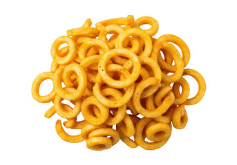 Isolated view of freshly cooked curly fries, an appealing American fast-food snack, side dish