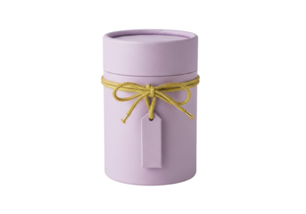 Isolated presentation box with golden ribbon, a pastel-lilac, cylindrical container and gift tag