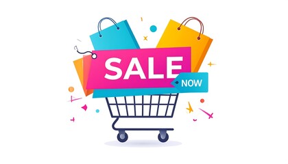 A vibrant shopping cart with bags and a 'SALE' sign, surrounded by colorful confetti on a white background