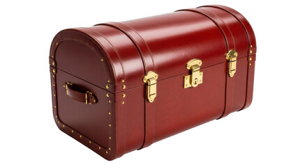 Isolated brown leather vintage chest with golden hardware for storing antiques or treasures