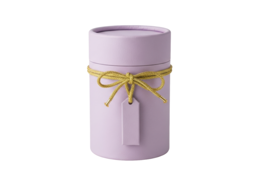 Isolated presentation box with golden ribbon, a pastel-lilac, cylindrical container and gift tag