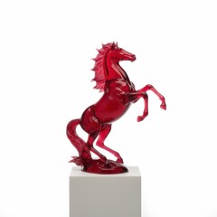 Red glass horse figurine rearing up on a pedestal, elegant transparent sculpture isolated on a clean white background, decorative object with detailed shape of mane, legs and tail, symbol 2026