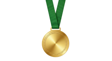Isolated Gold Medal With Green Ribbon for Sport Competition Achievement and Success