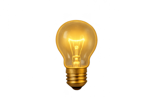 Light bulb glowing warmly, representing creativity, innovation, solution, intelligence, and electric power. Transparent background - Powered by Adobe