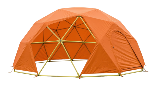 Isolated orange geodesic dome tent ready for glamping camping event equipment rental