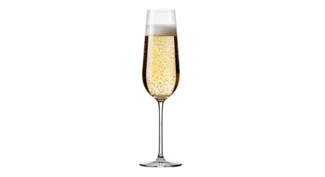 Isolated glass with golden bubbling wine or champagne, celebratory drink for events
