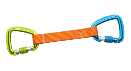 Isolated quickdraw with two carabiners connected by orange nylon sling, rock climbing