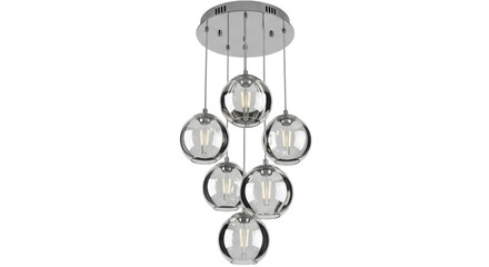 Isolated hanging contemporary chrome pendant light fixture with spherical glass shades