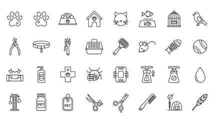 Minimal mixed outline icons for pets, home, medical, tools, repair and daily lifestyle design use.
