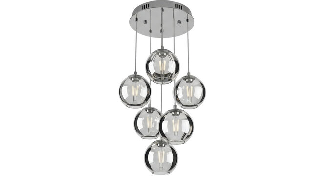 Isolated hanging contemporary chrome pendant light fixture with spherical glass shades