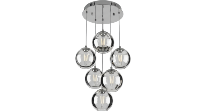 Isolated hanging contemporary chrome pendant light fixture with spherical glass shades