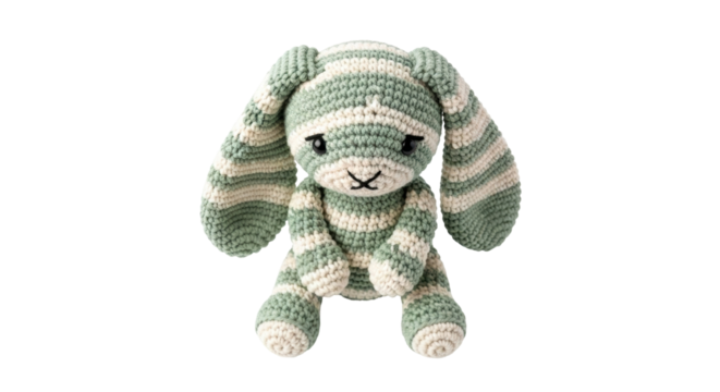 Isolated striped knit bunny doll, adorable handmade plush toy, cute stuffed animal gift idea