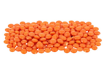 Isolated pile of uncooked red lentils, staple food for healthy cooking and vegetarian eating