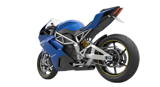 Isolated modern powerful blue motorcycle shown from a rear three quarter perspective in studio