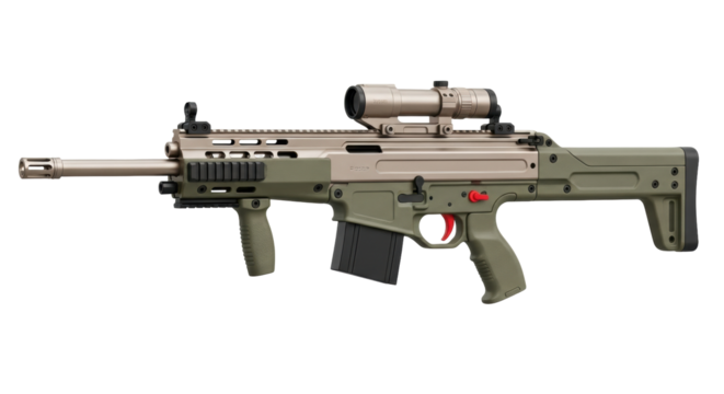 Isolated bullpup rifle weapon for military simulation and target shooting, modern tactical carbine