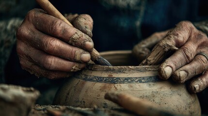 Weathered Artisan Hands Sculpting Clay Pot, Detailing Traditional Earthenware with a Tool, Emphasizing Craftsmanship.