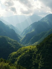 Obraz premium Verdant mountains shrouded in a soft, dappled sunlight filtering through scattered clouds, hills, dappled light
