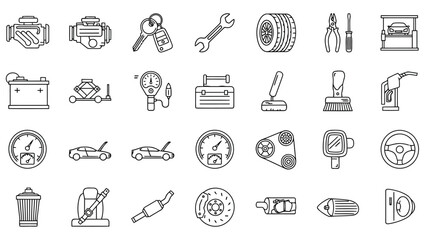 Tools and automotive outline icons for repair, garage, car service, mechanic work, and parts.
