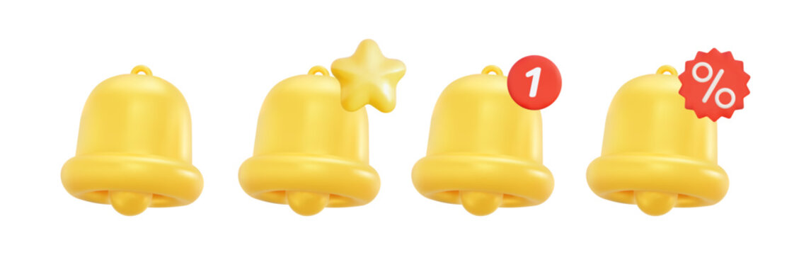 Isolated yellow 3D alert bell icons collection with notification badge, star, and percentage symbol for marketing and mobile apps