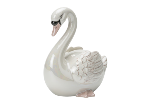Isolated iridescent swan figurine with graceful neck and wings, decorative home accent
