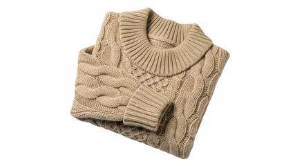 Isolated stylish cable knit sweater with a roll neck collar, folded on a neutral surface