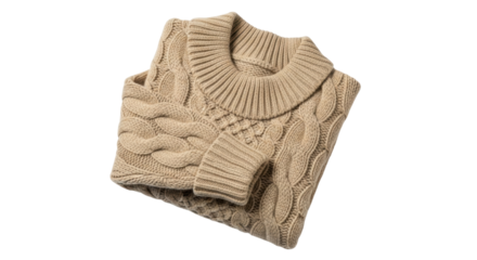 Isolated stylish cable knit sweater with a roll neck collar, folded on a neutral surface