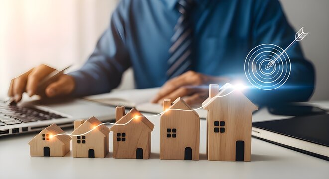 Real estate investment growth concept with wooden houses and target visualization