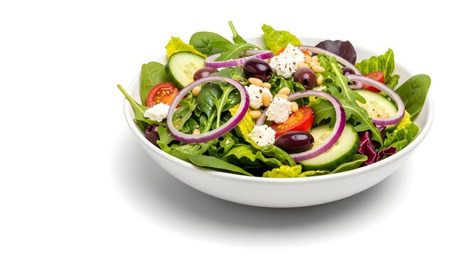 bowl of salad with white background, salad with vegetables, fresh vegetable salad, fresh greek salad with feta cheese, healthy mixed vegetable salad bowl,  vegetarian lunch bowl close up