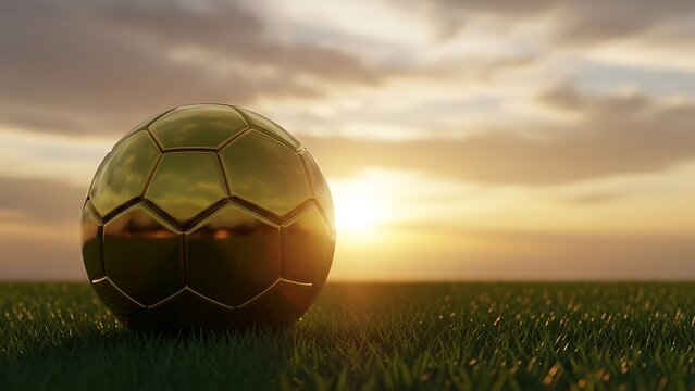 Golden soccer ball on grass at sunset, symbolizing victory and achievement in sport