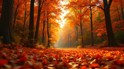 Autumn forest path filled with fallen leaves creating a picturesque fall landscape with stunning foliage color and inviting atmosphere perfect nature scene for backgrounds