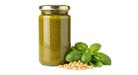 Isolated basil pesto sauce in glass jar with fresh basil leaves and pine nuts for pasta food