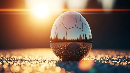 Shiny reflective soccer ball with hexagonal panels sits on a sparkly surface