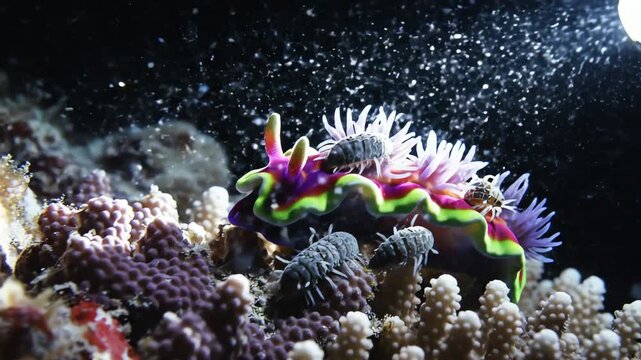 Macro Underwater View of Neon Nudibranch on Coral Reef at Night &ndash; AI Generated