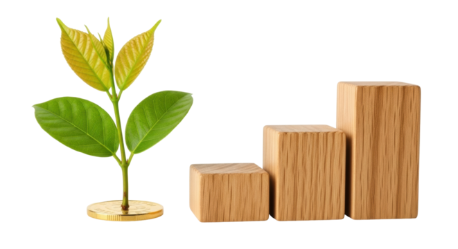 Isolated growth concept of plant on coin, wood blocks showing progress, advancement
