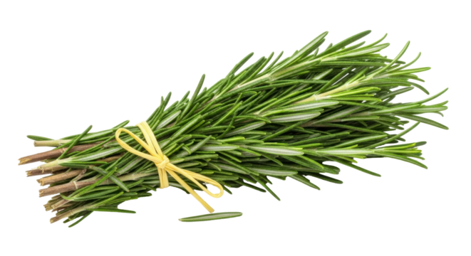 Isolated bunch of fresh green rosemary herb tied with natural yellow raffia, aromatic spice