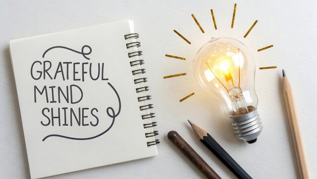 A glowing lightbulb next to a notebook with a motivational quote