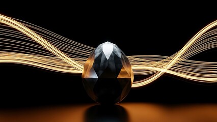 Elegant faceted crystal egg shape with flowing golden light trails on black background
