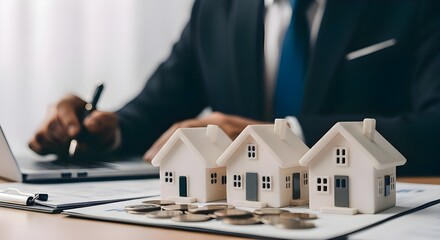 Real estate investment businessman analyzing property market with model houses and coins