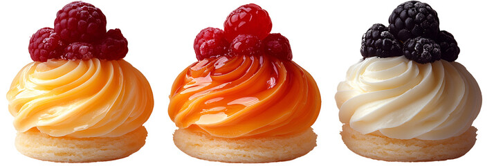 Four colorful dessert items with berries